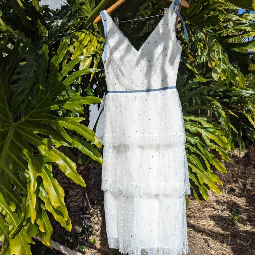 Marchesa Notte NWT - white ruffle dress with embroidered light blue polka dots - Picture 6 of 7